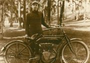 Scene of a gentleman posing with a ca 1913 Flying Merkel motorcycle. Scan of an original post card from the family photo album. By courtesy of Donald Smith, born in Merkel, TX, now living in Lakewood , WA.